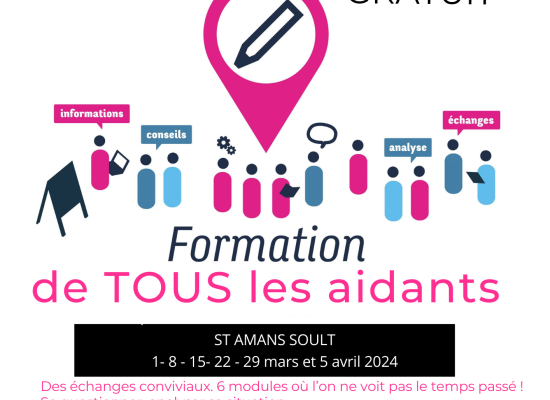 Vous accompagnez un proche malade, en situation de handicap ou en perte d’autonomie ? Participez gratuitement à une formation qui vous est destinée !  6 modules pour se questionner, analyser sa situation et mieux connaitre ses propres ressources et ainsi que celles sont proposées sur le territoire.  Ouverte à tous types d'aidant, sur inscription (places limitées)  Vendredis après-midi du 1er mars au 5 avril, à St Amans Soult.