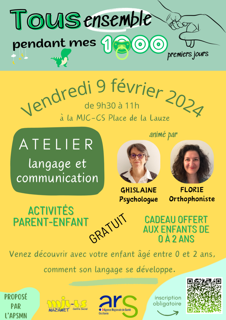 Affiche atelier langage et communication, vendredi 9 février 2024 de 9h30 à 11h