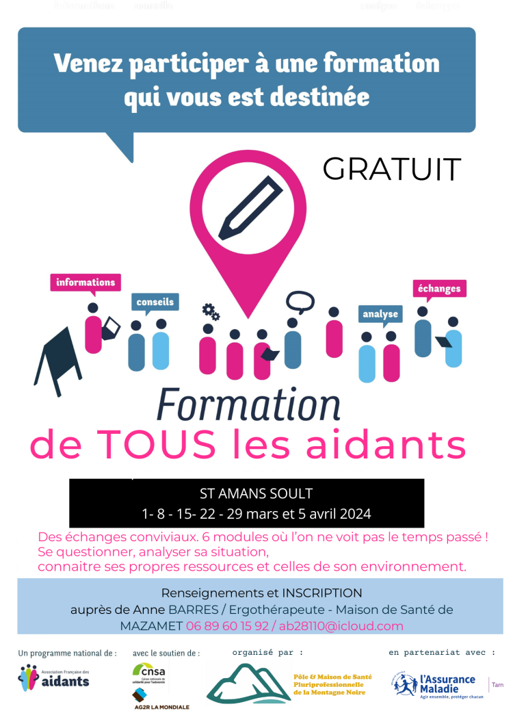 Vous accompagnez un proche malade, en situation de handicap ou en perte d’autonomie ? Participez gratuitement à une formation qui vous est destinée ! 6 modules pour se questionner, analyser sa situation et mieux connaitre ses propres ressources et ainsi que celles sont proposées sur le territoire. Ouverte à tous types d'aidant, sur inscription (places limitées) Vendredis après-midi du 1er mars au 5 avril, à St Amans Soult.