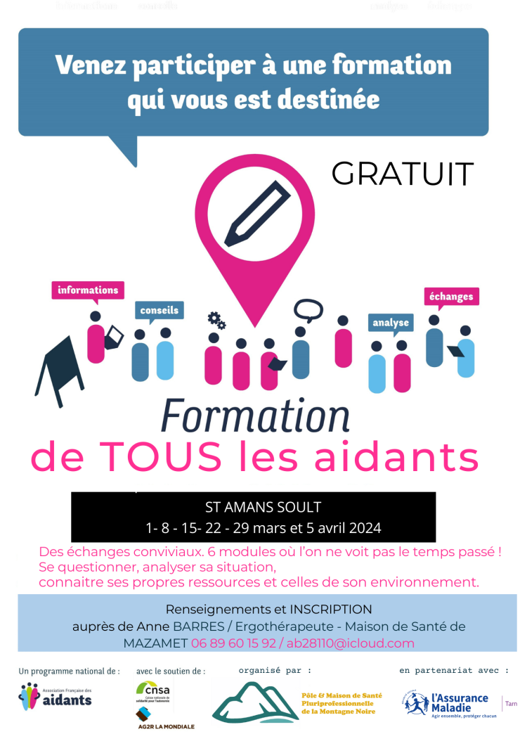 Vous accompagnez un proche malade, en situation de handicap ou en perte d’autonomie ? Participez gratuitement à une formation qui vous est destinée !  6 modules pour se questionner, analyser sa situation et mieux connaitre ses propres ressources et ainsi que celles sont proposées sur le territoire.  Ouverte à tous types d'aidant, sur inscription (places limitées)  Vendredis après-midi du 1er mars au 5 avril, à St Amans Soult.