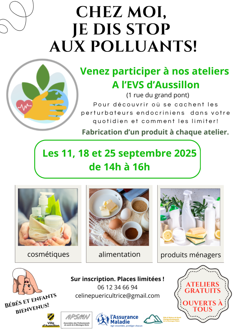 Participez gratuitement à nos 3 ateliers  sur la santé environnementale !  Participez gratuitement à nos 3 ateliers et fabriquez un produit ! 
